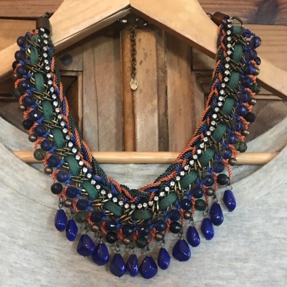 Zara Cord Chain Bib Necklace w/Colored Rhinestones - Picture 3 of 4